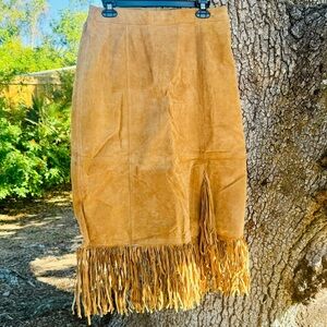Vtg Y2K 100% Suede Carmel Brown fringe boho midi skirt.Size  L